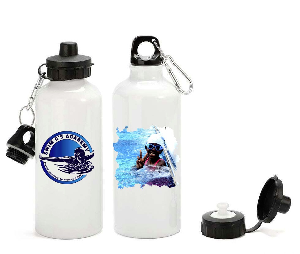 SwimG's branded water bottles